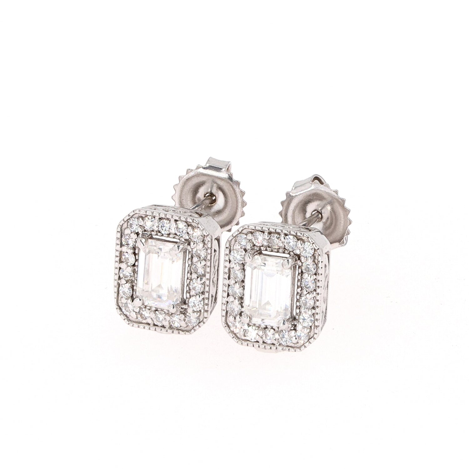 1.52 CTW DEW Emerald Near-Colorless Moissanite Halo Earrings in 14K White Gold