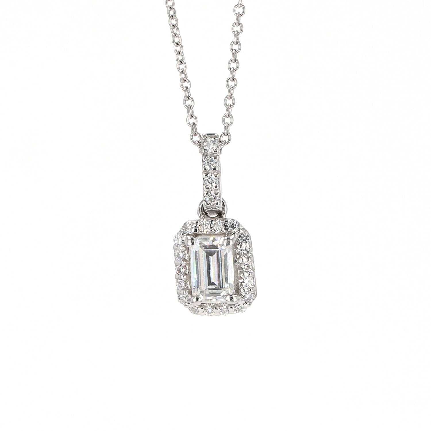 0.76 CTW DEW Emerald Near-Colorless Moissanite Halo Necklace in 14K White Gold