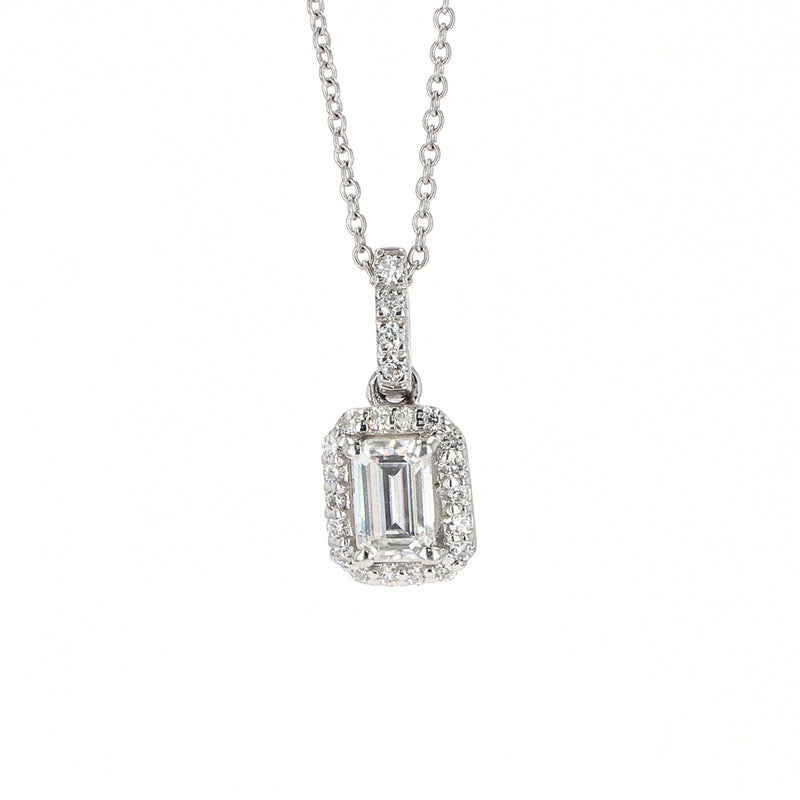 0.76 CTW DEW Emerald Near-Colorless Moissanite Halo Necklace in 14K White Gold