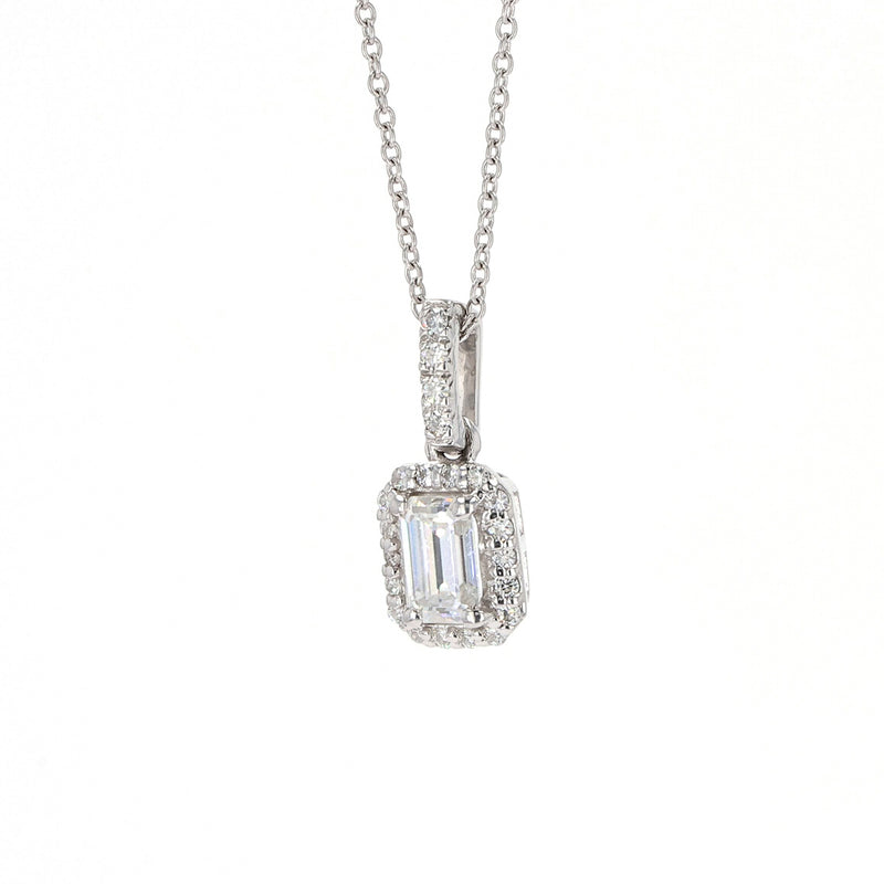 0.76 CTW DEW Emerald Near-Colorless Moissanite Halo Necklace in 14K White Gold