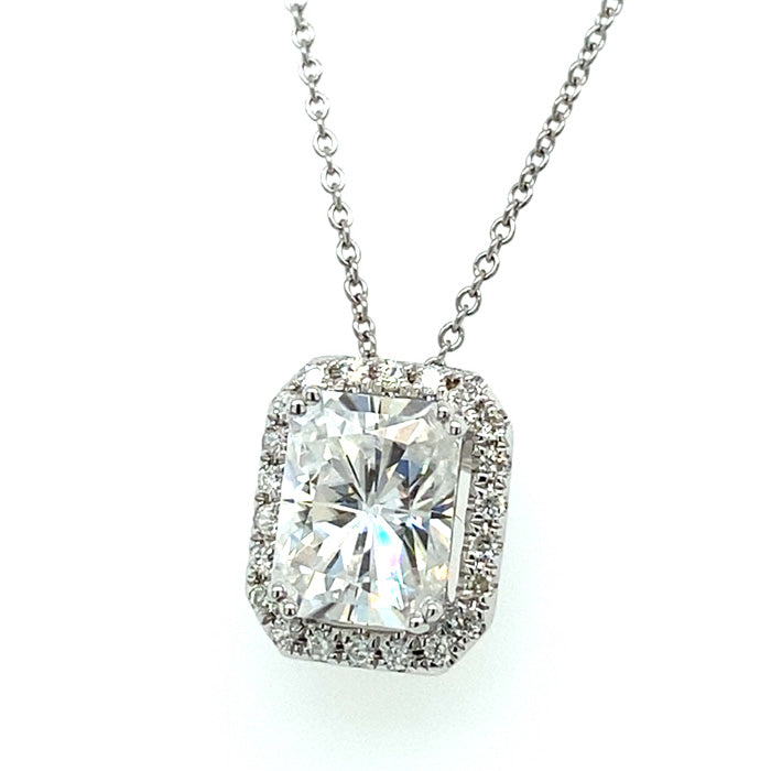 2.92 CTW DEW Radiant Near-Colorless Moissanite Halo Pendant in 14K White Gold