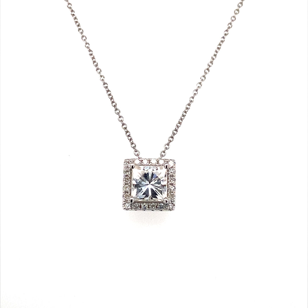 1.90 CTW DEW Square Near-Colorless Moissanite Halo Necklace in 14K White Gold