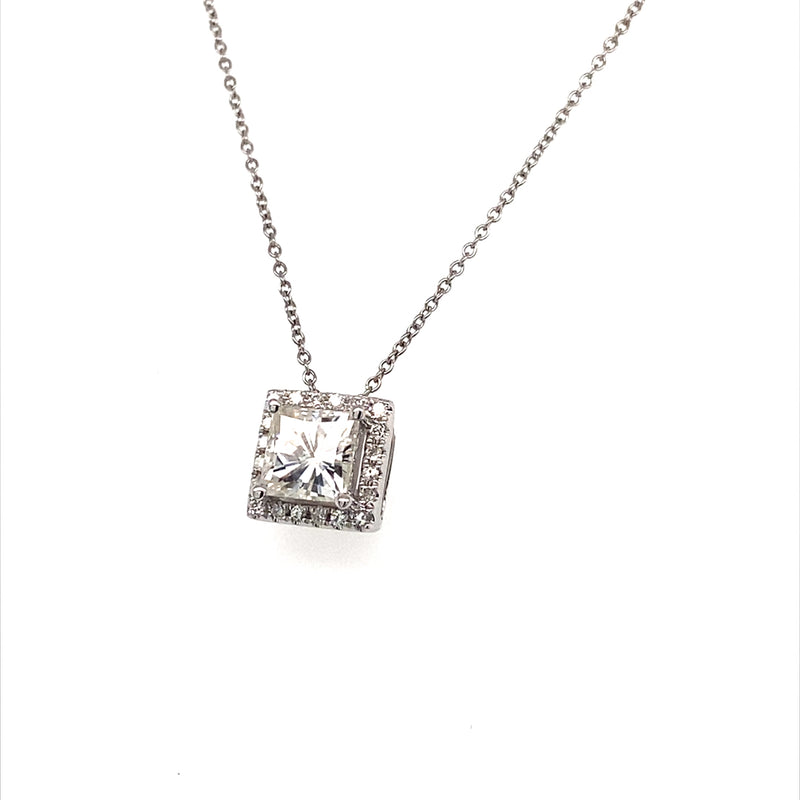 1.90 CTW DEW Square Near-Colorless Moissanite Halo Necklace in 14K White Gold