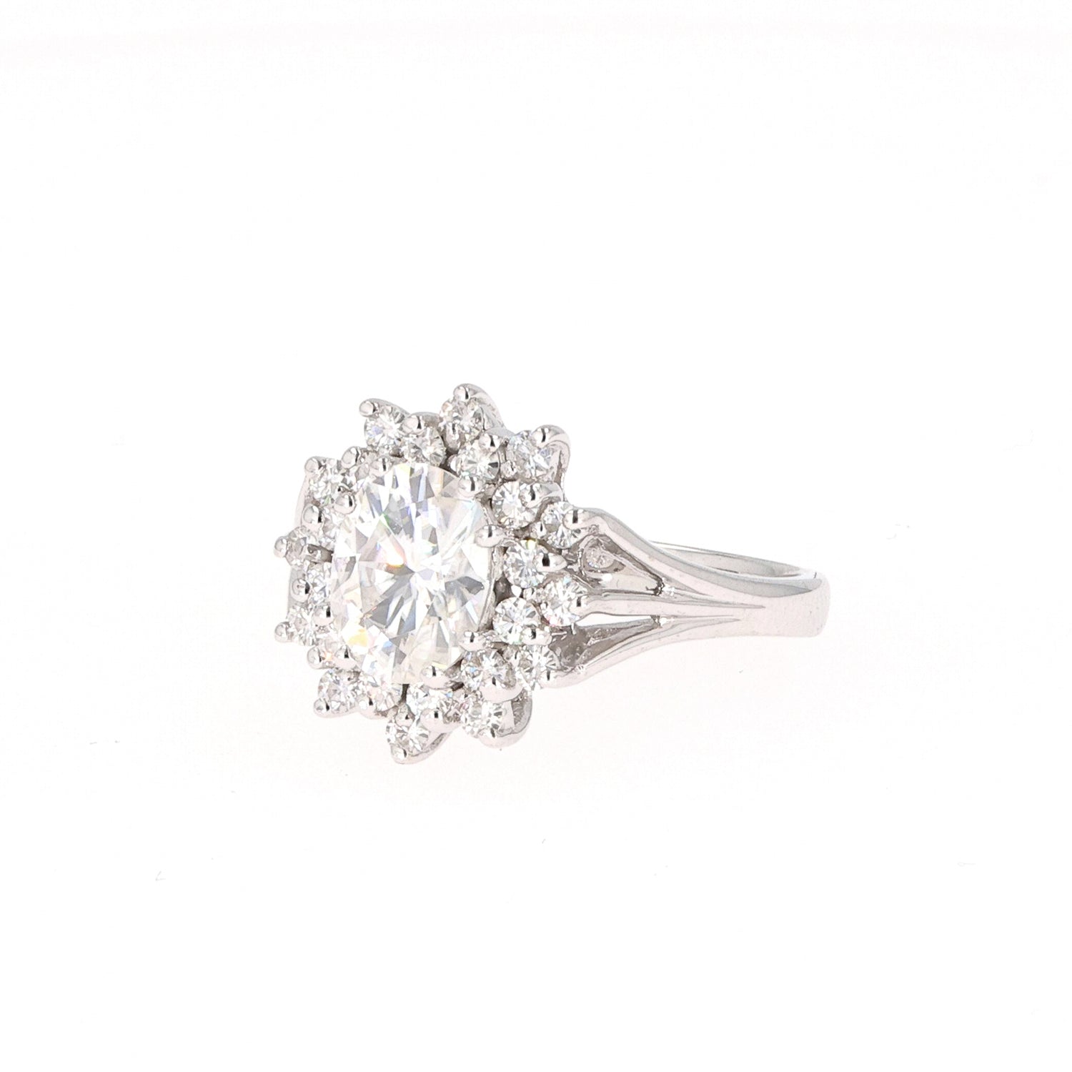 1.98 CTW DEW Oval Near-Colorless Moissanite Halo Ring in 14K White Gold