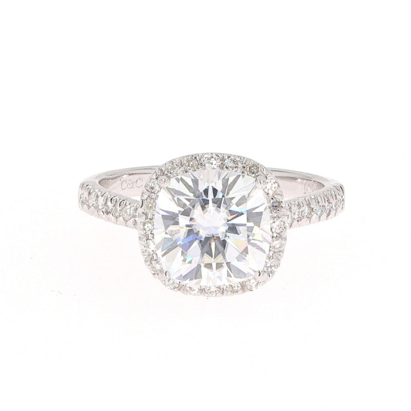 3.66 CTW DEW Cushion Near-Colorless Moissanite Halo with Accents Engagement Ring in Sterling Silver