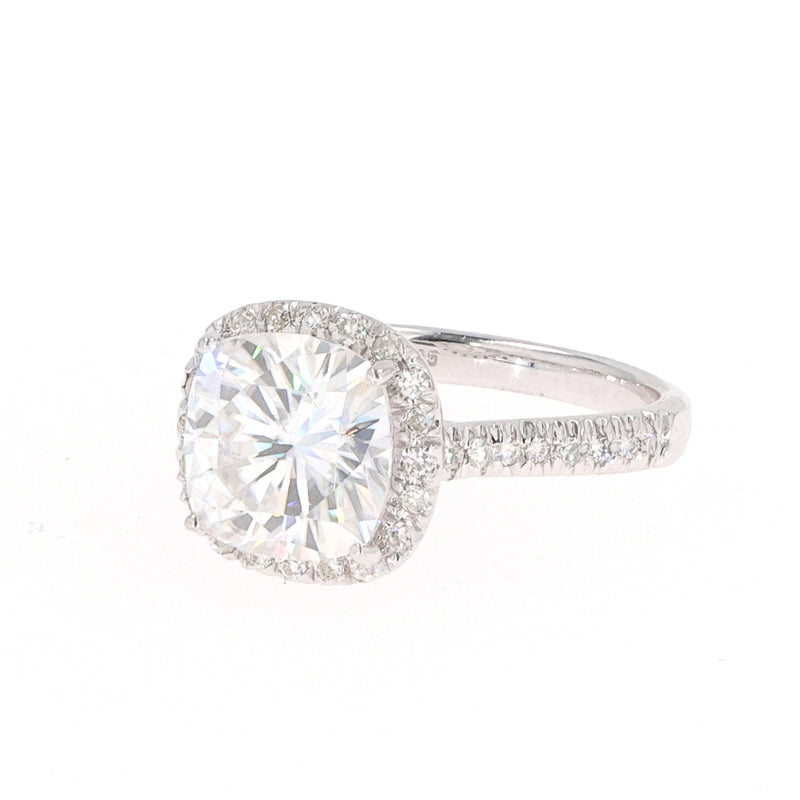 3.66 CTW DEW Cushion Near-Colorless Moissanite Halo with Accents Engagement Ring in Sterling Silver