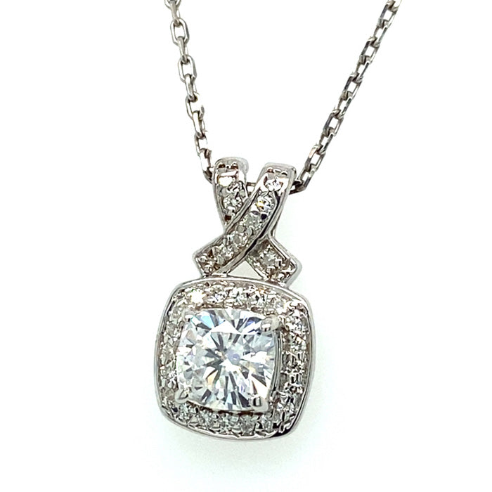 1.26 CTW DEW Cushion Near-Colorless Moissanite Halo Pendant in Sterling Silver