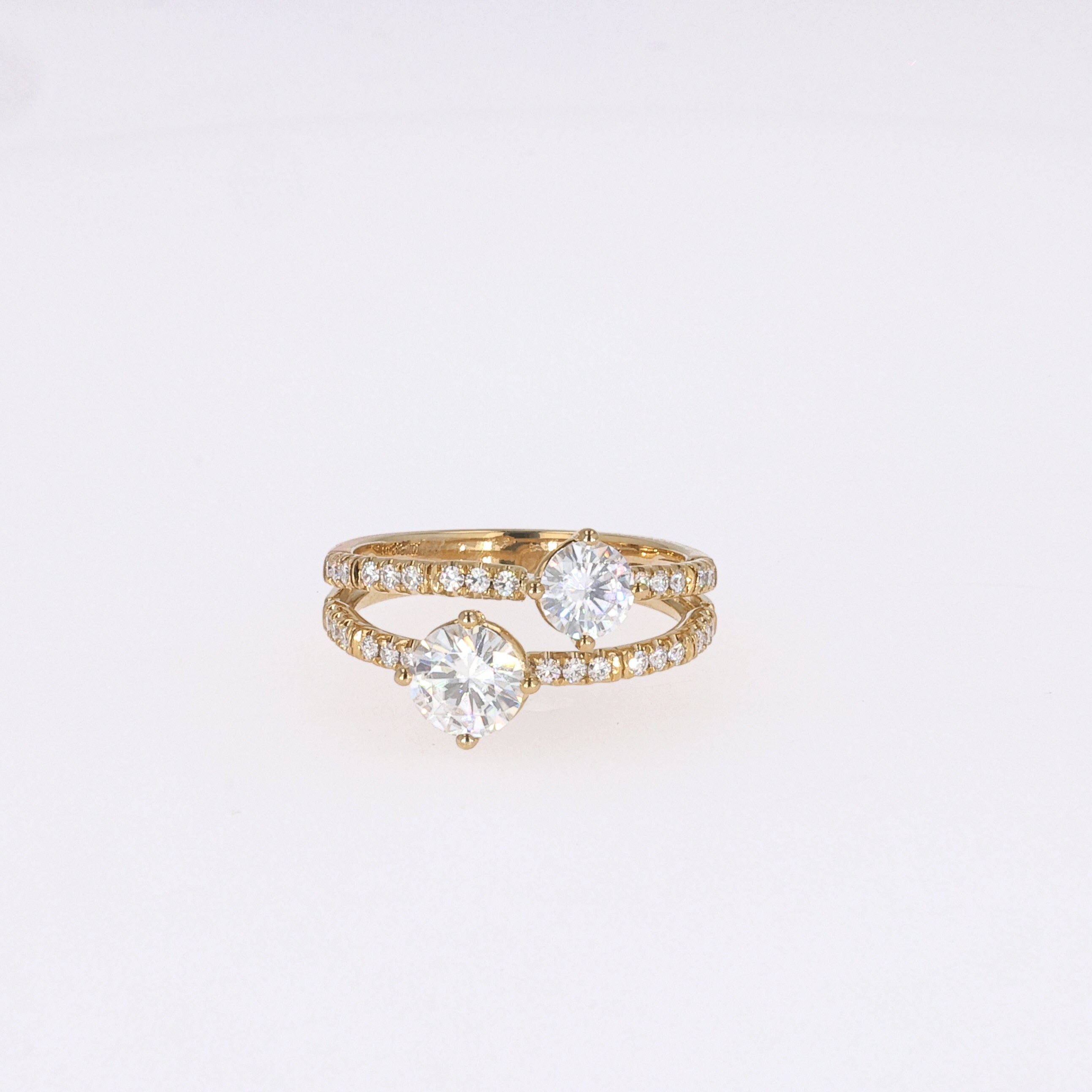 1.60 CTW DEW Round Near-Colorless Moissanite Two-Stone Ring in 14K Yellow Gold