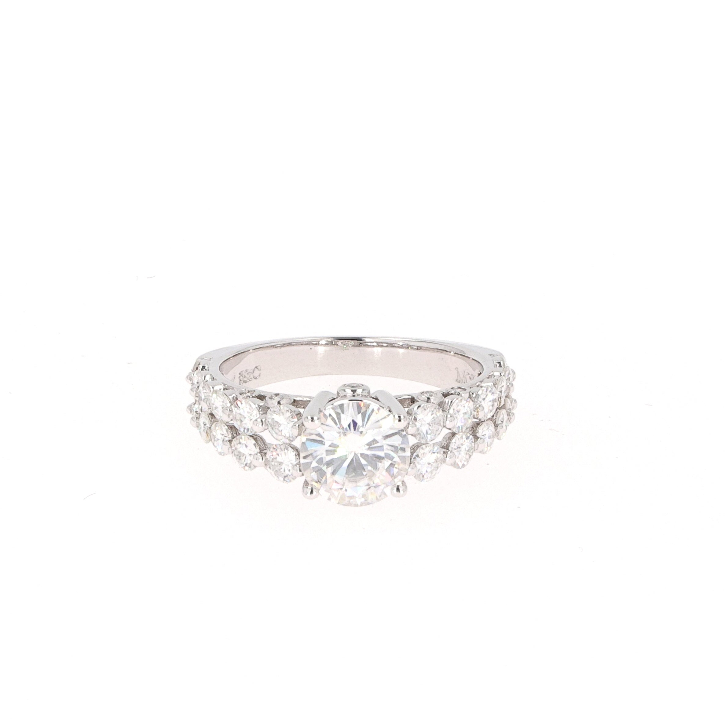2.15 CTW DEW Round Near-Colorless Moissanite Two-Row Solitaire with Accents Ring in 14K White Gold