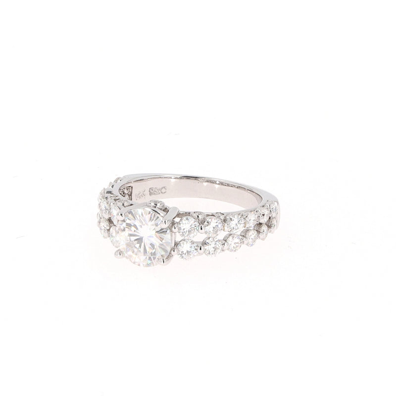 2.15 CTW DEW Round Near-Colorless Moissanite Two-Row Solitaire with Accents Ring in 14K White Gold