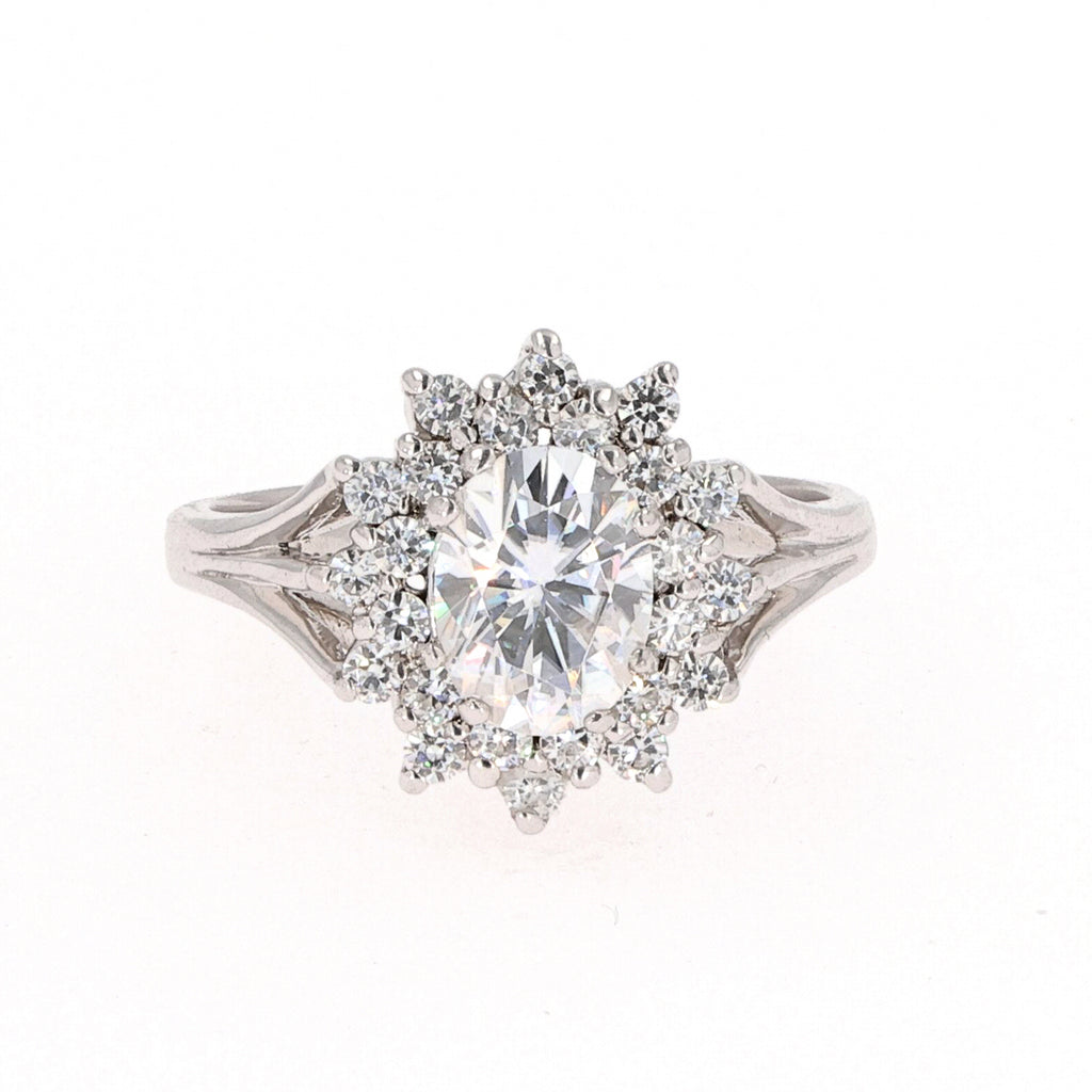 1.98 CTW DEW Oval Floral Halo Ring Sterling