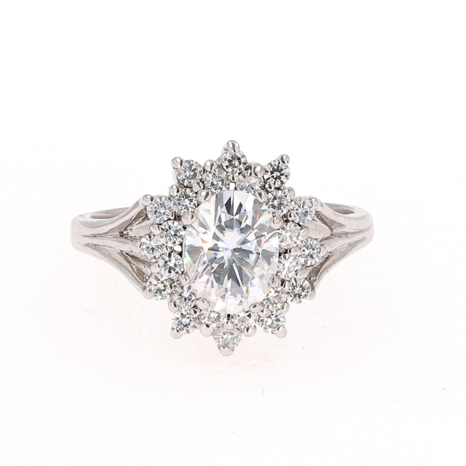 1.98 CTW DEW Oval Near-Colorless Moissanite Halo Engagement Ring in Sterling Silver