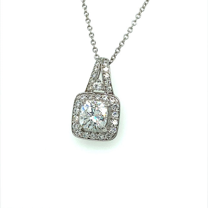 3.20 CTW DEW Cushion Near-Colorless Moissanite Halo Pendant in 14K White Gold
