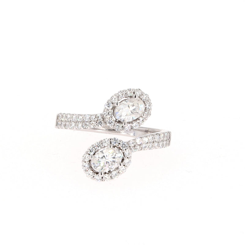 1.83 CTW DEW Oval Near-Colorless Moissanite Two-Stone Bypass Ring in 14K White Gold