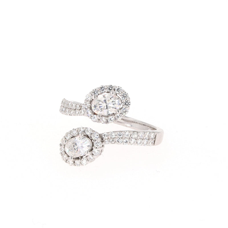 1.83 CTW DEW Oval Near-Colorless Moissanite Two-Stone Bypass Ring in 14K White Gold