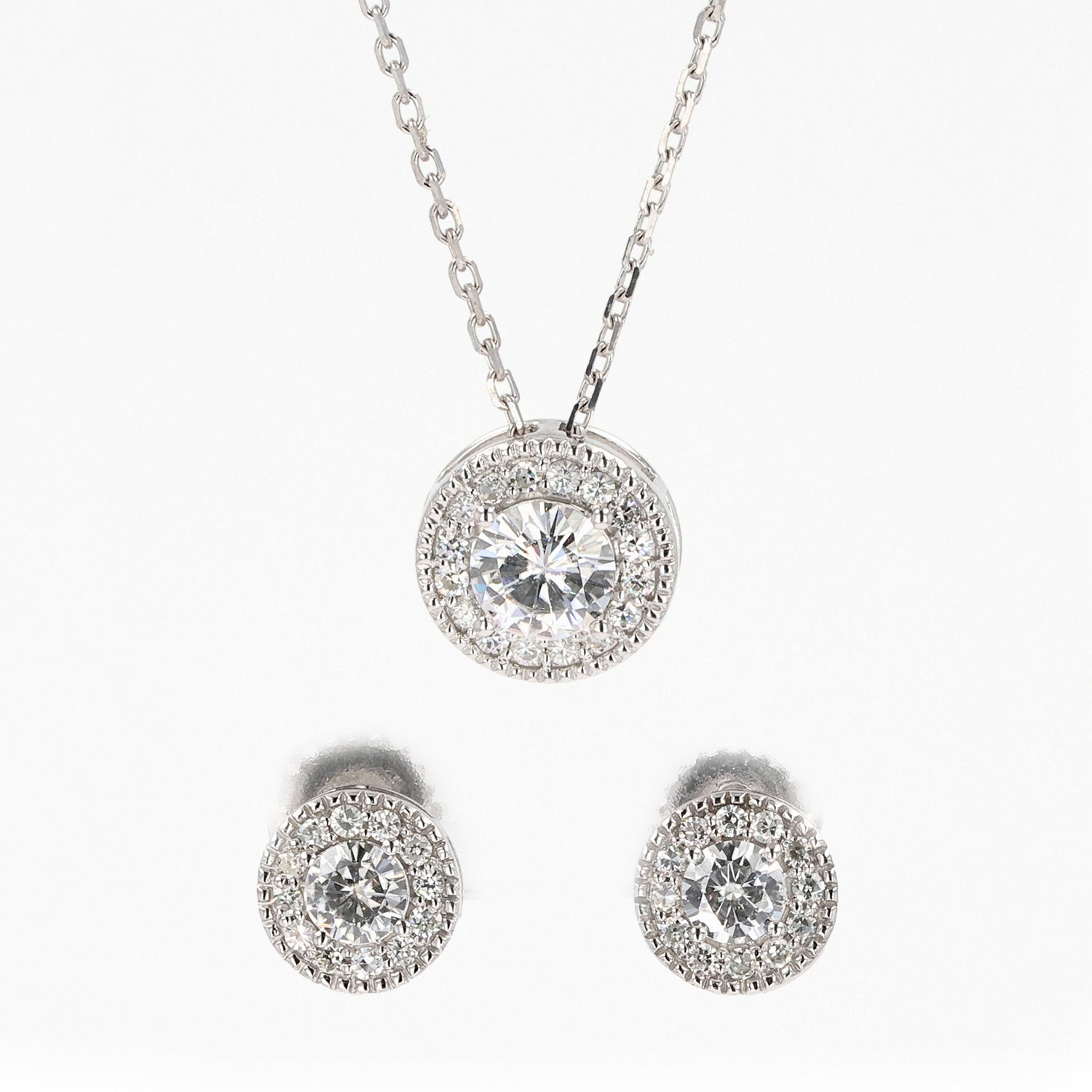1.96 CTW DEW Round  Moissanite Halo Earring & Pendant Set in Sterling Silver