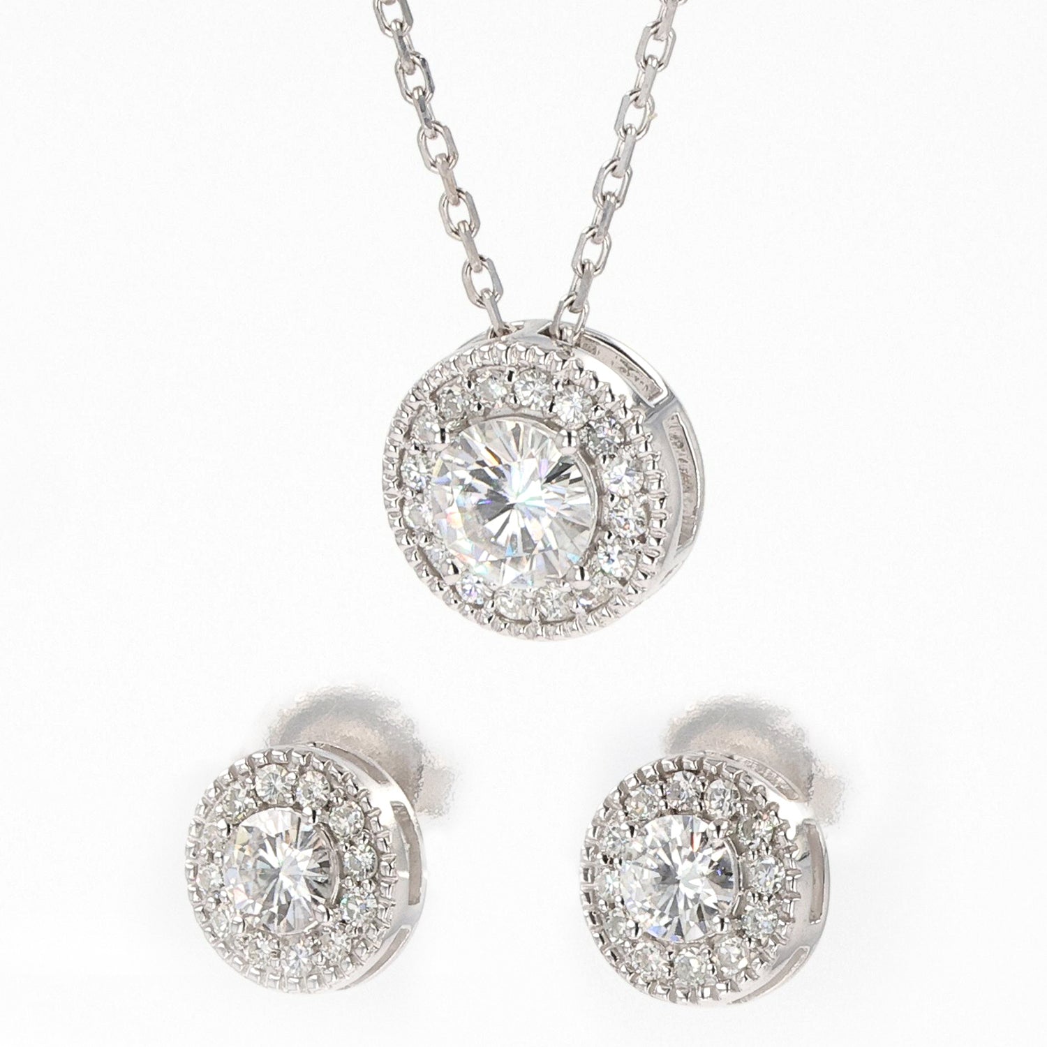 1.96 CTW DEW Round  Moissanite Halo Earring & Pendant Set in Sterling Silver