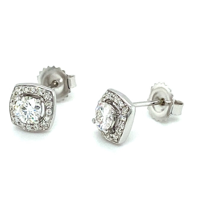 0.86 CTW DEW Round Near-Colorless Moissanite Halo Stud Earrings in 14K White Gold