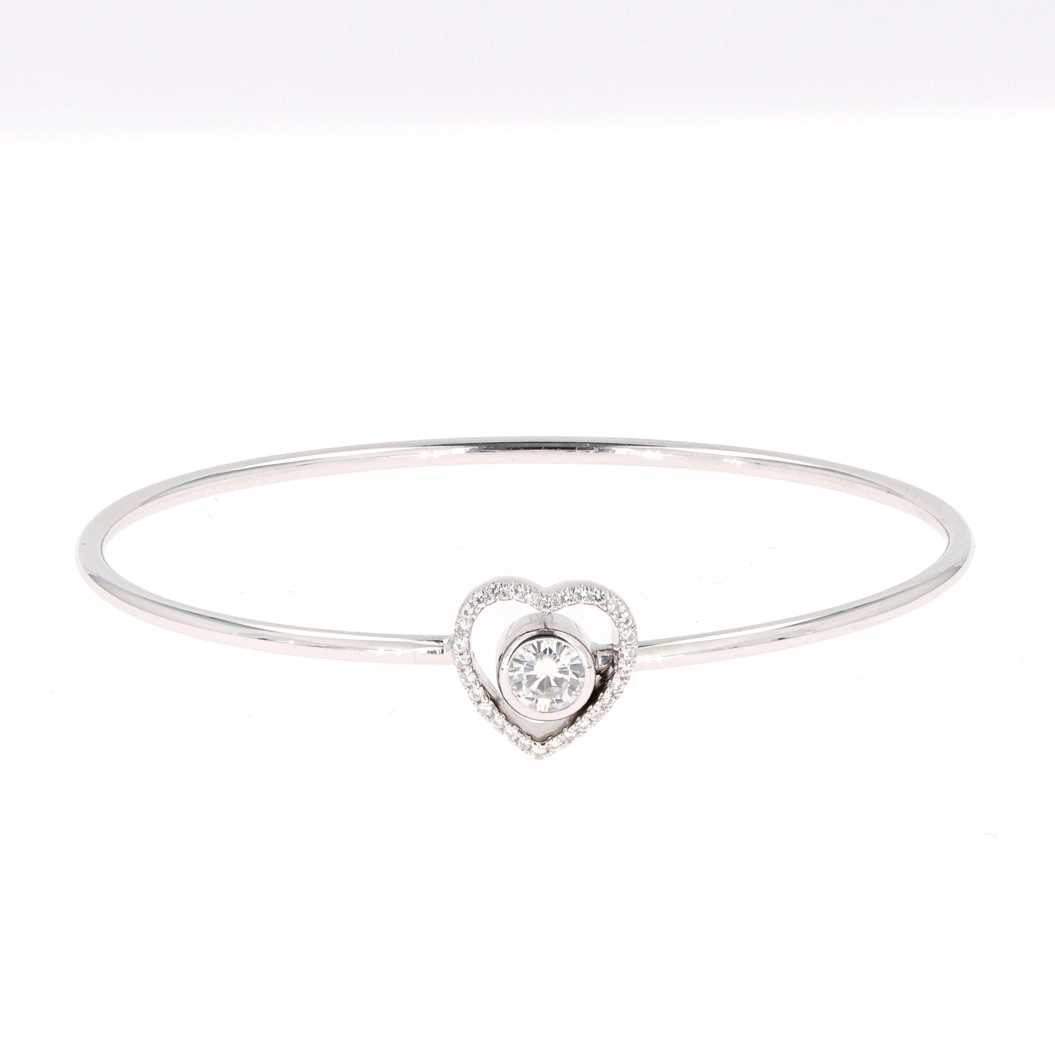 0.65 CTW DEW Round Near-Colorless Moissanite Pave Heart Bangle Bracelet in 14K White Gold