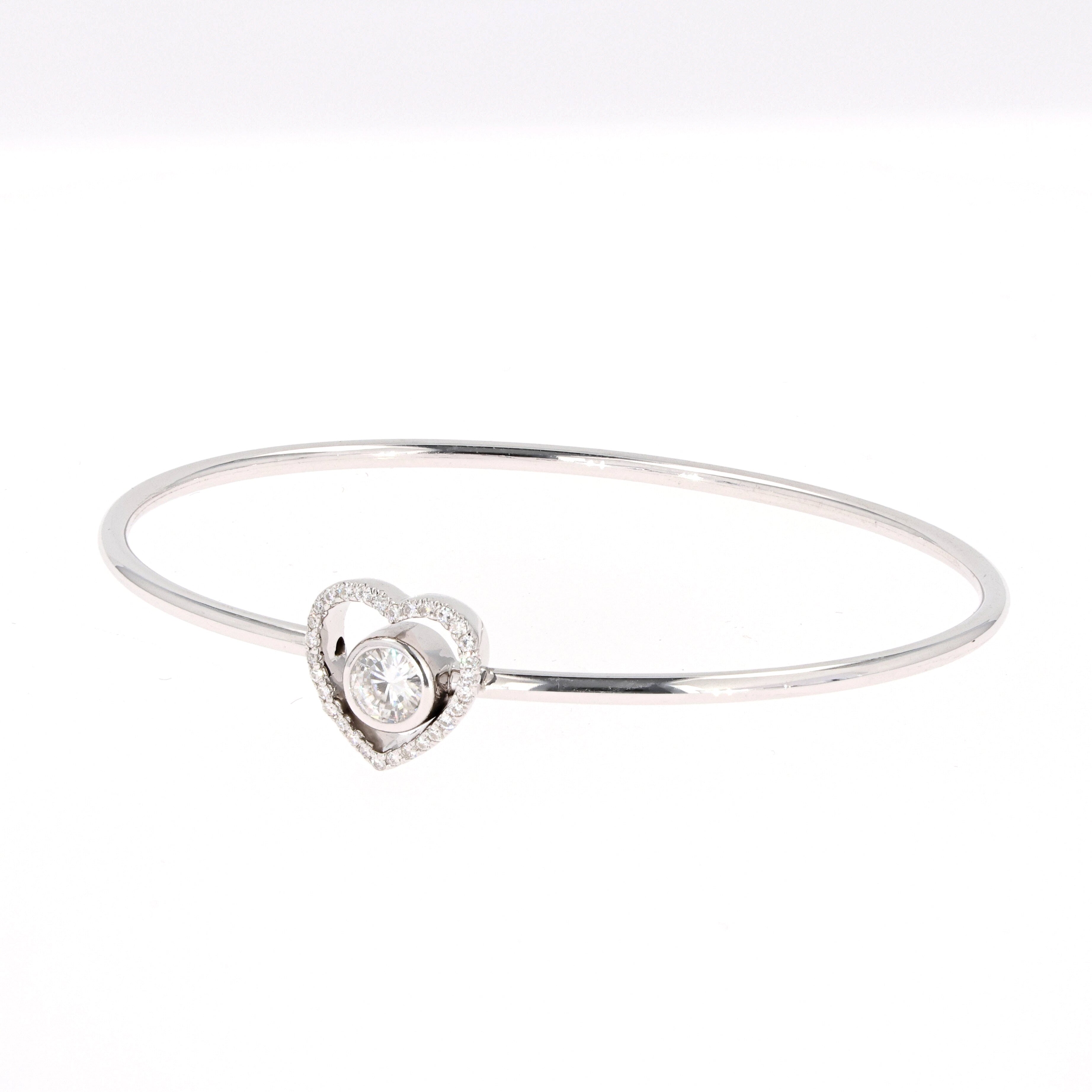 0.65 CTW DEW Round Near-Colorless Moissanite Pave Heart Bangle Bracelet in 14K White Gold