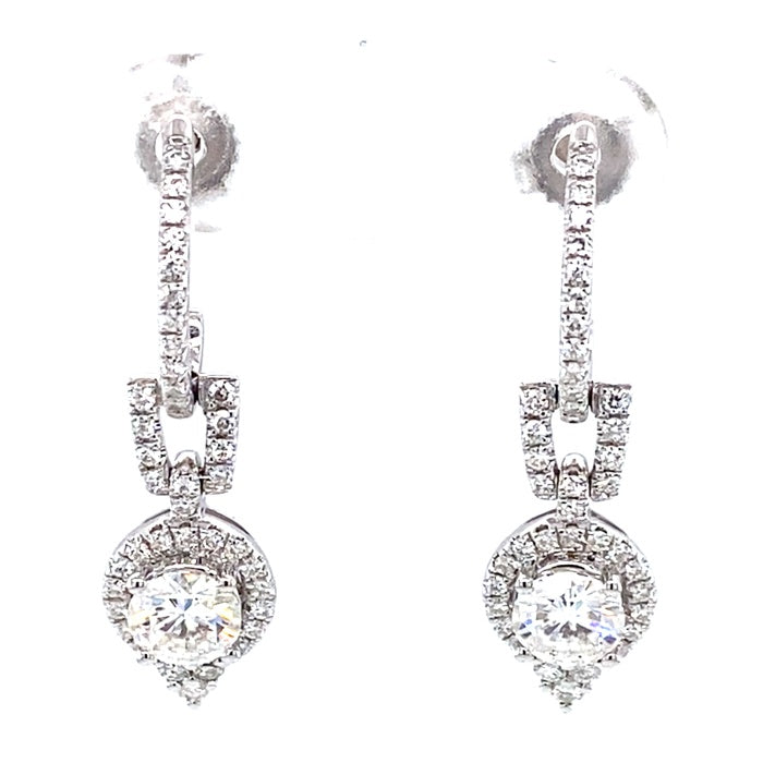 1.49 CTW DEW Round Near-Colorless Moissanite Halo Drop Earrings in 14K White Gold