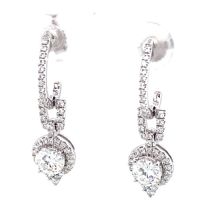 1.49 CTW DEW Round Near-Colorless Moissanite Halo Drop Earrings in 14K White Gold