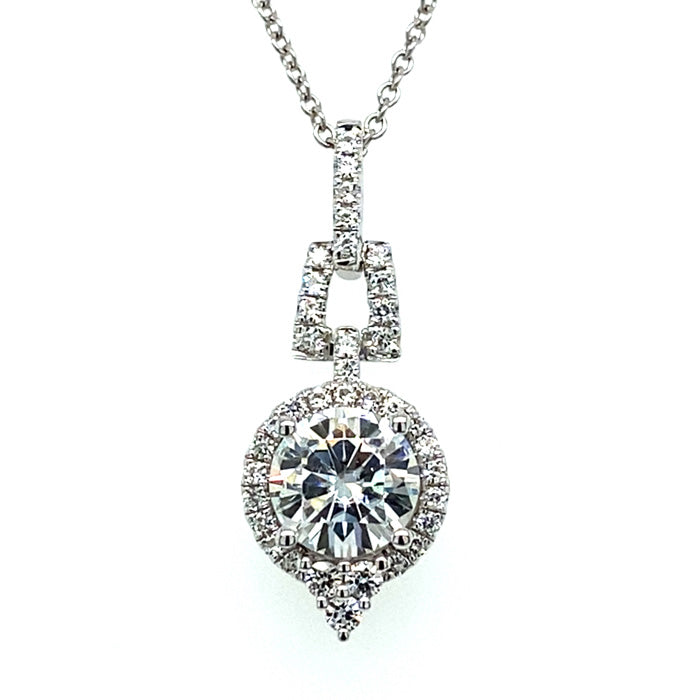 1.23 CTW DEW Round Near-Colorless Moissanite Halo Drop Pendant in 14K White Gold