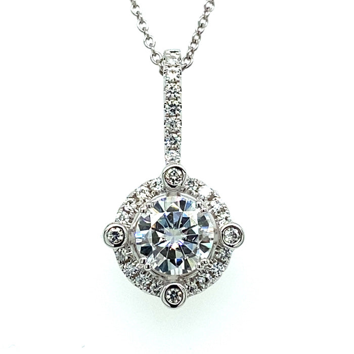 1.25 CTW DEW Round Near-Colorless Moissanite Halo Pendant in 14K White Gold