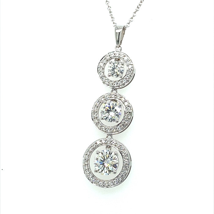 1.89 CTW DEW Round Near-Colorless Moissanite Three-Stone Pendant in 14K White Gold