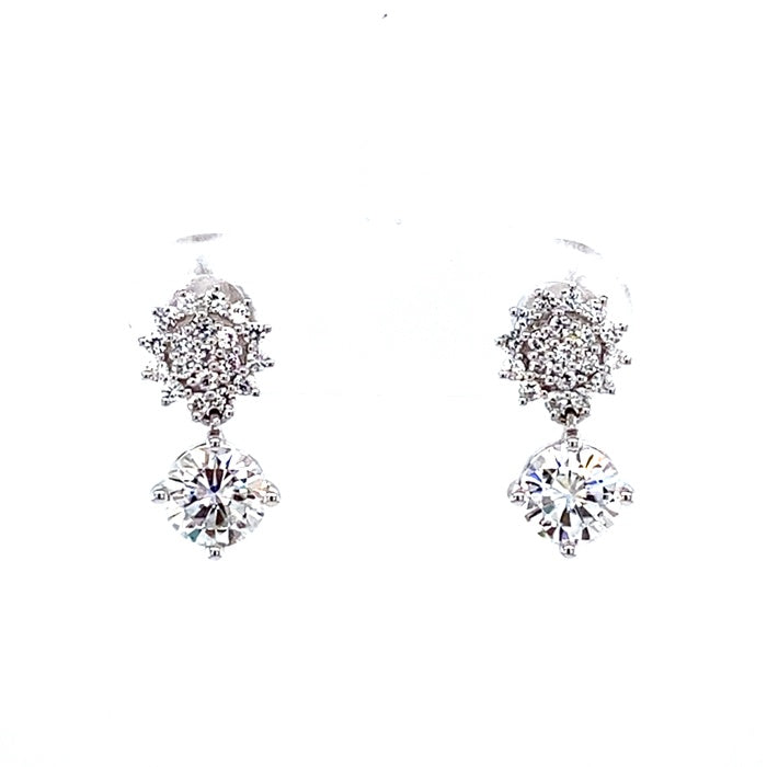 1.25 CTW DEW Round Near-Colorless Moissanite Halo Drop Earrings in 14K White Gold