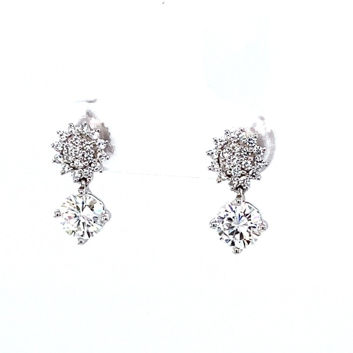 1.25 CTW DEW Round Near-Colorless Moissanite Halo Drop Earrings in 14K White Gold