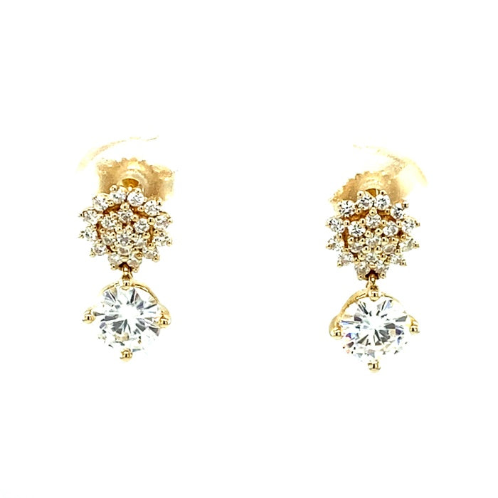 1.25 CTW DEW Round Near-Colorless Moissanite Drop Earrings in 14K Yellow Gold