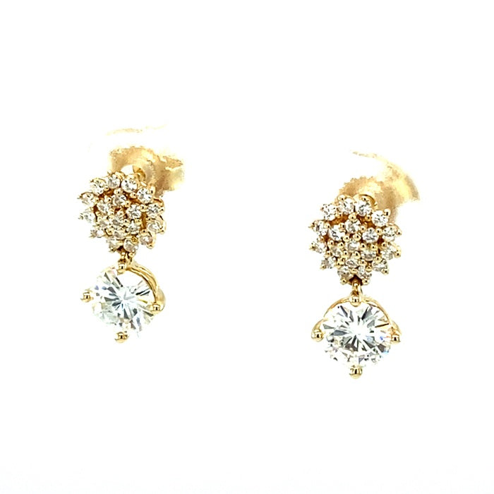 1.25 CTW DEW Round Near-Colorless Moissanite Drop Earrings in 14K Yellow Gold