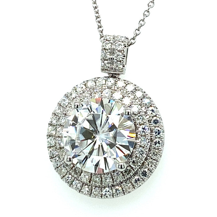 5.67 CTW DEW Round Near-Colorless Moissanite Double Halo Pendant in 14K White Gold