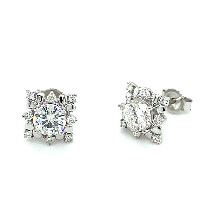 1.15 CTW DEW Round Near-Colorless Moissanite Floral Halo Stud Earrings in 14K White Gold