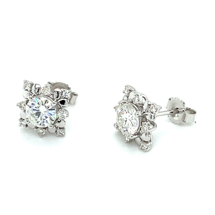 1.15 CTW DEW Round Near-Colorless Moissanite Floral Halo Stud Earrings in 14K White Gold