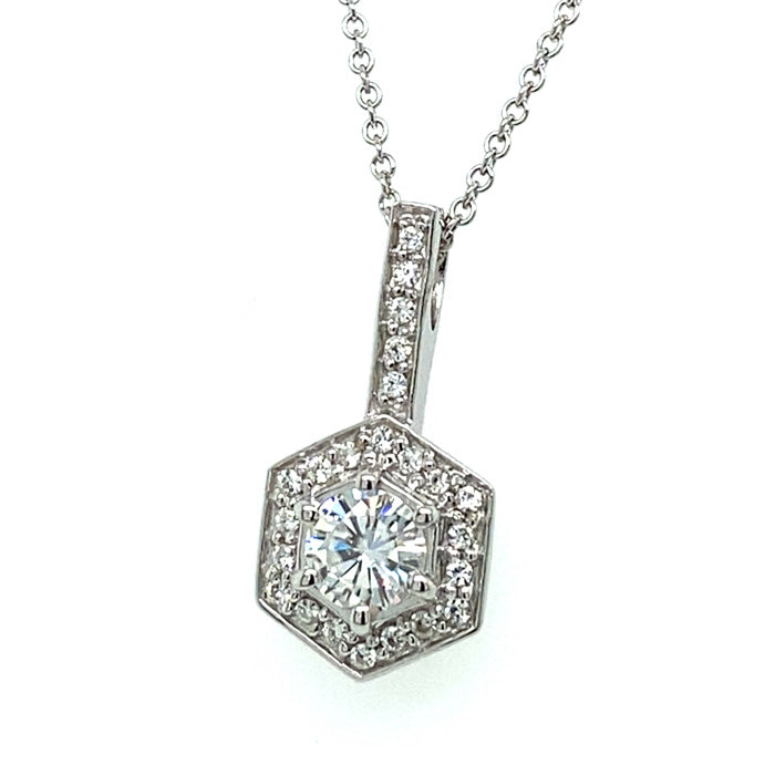 0.65 CTW DEW Round Near-Colorless Moissanite Geometric Pendant in Sterling Silver