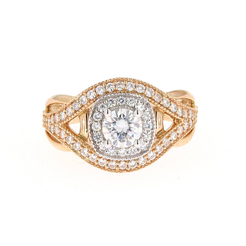 1.22 CTW DEW Round Near-Colorless Moissanite Halo Engagement Ring in 14K Two-Tone Gold