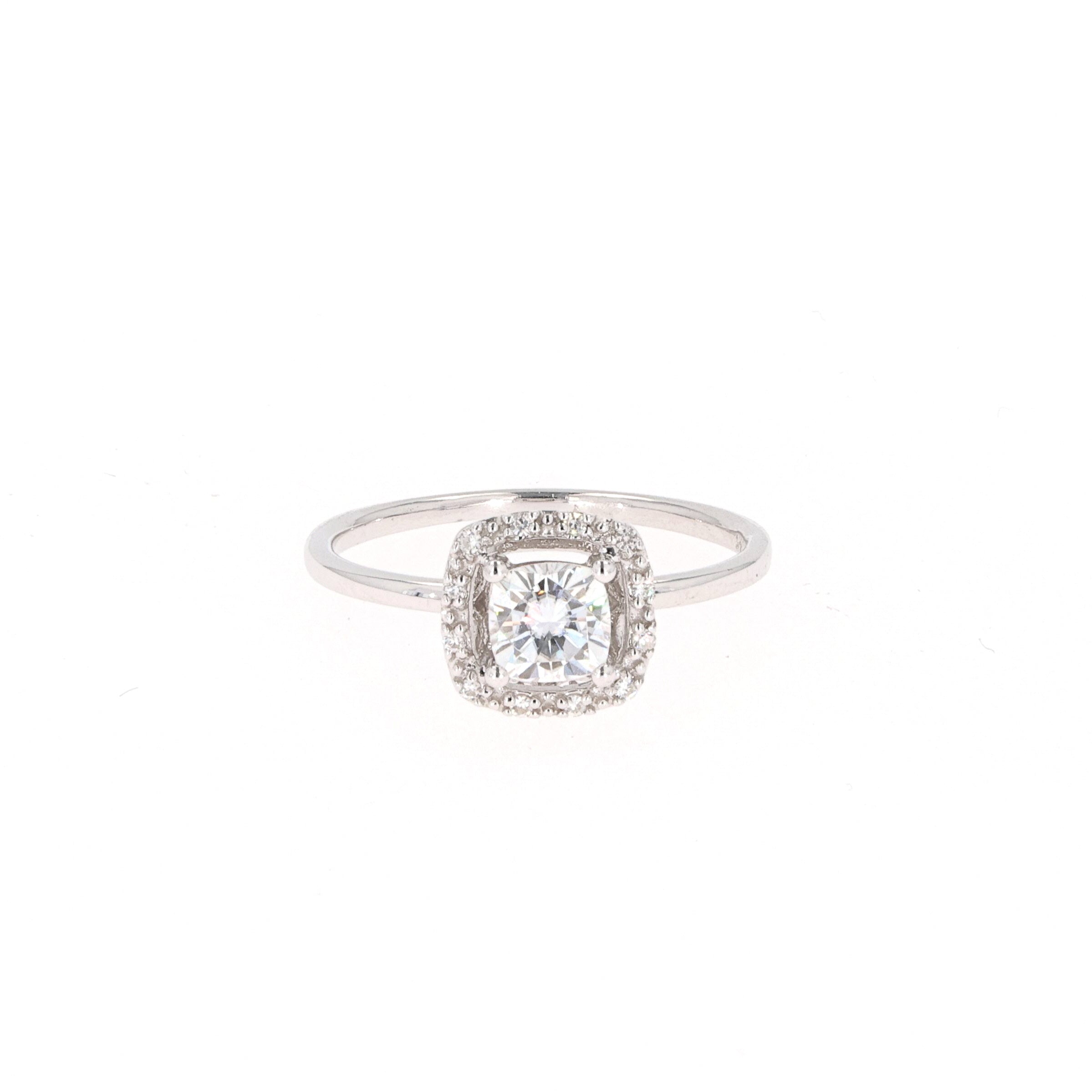 0.66 CTW DEW Cushion Near-Colorless Moissanite Halo Engagement Ring in 14K White Gold