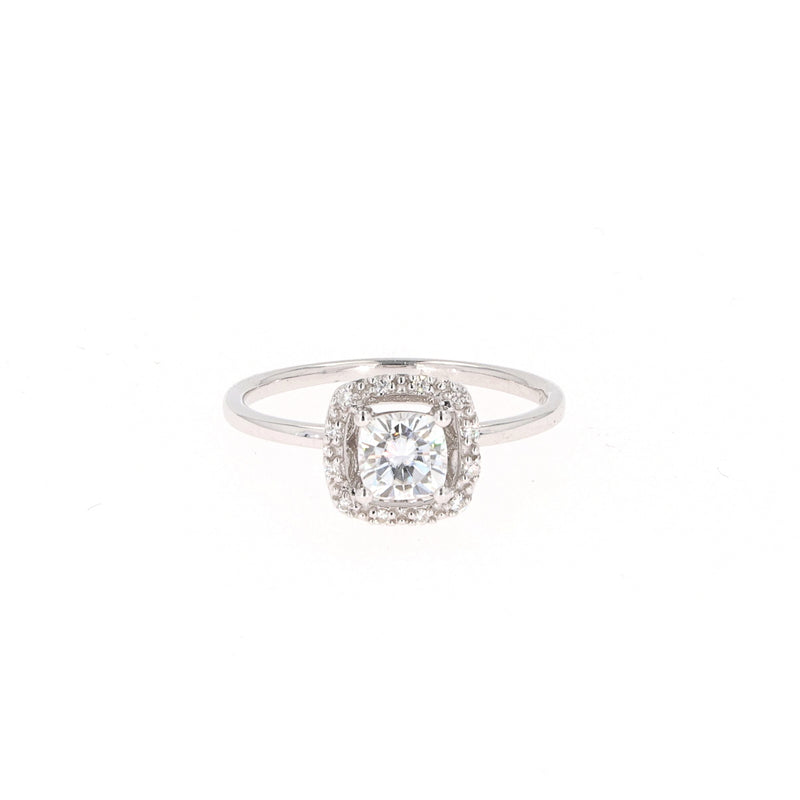 0.66 CTW DEW Cushion Near-Colorless Moissanite Halo Engagement Ring in 14K White Gold