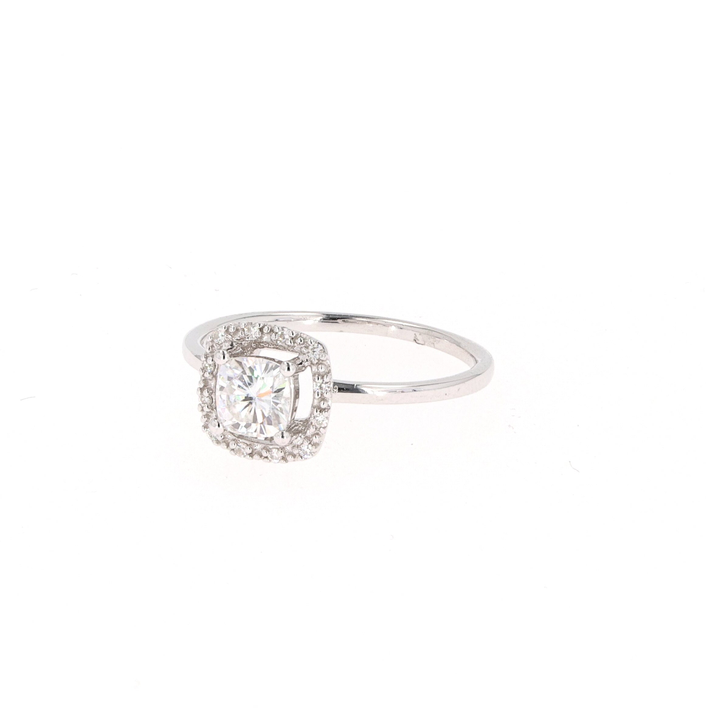 0.66 CTW DEW Cushion Near-Colorless Moissanite Halo Engagement Ring in 14K White Gold