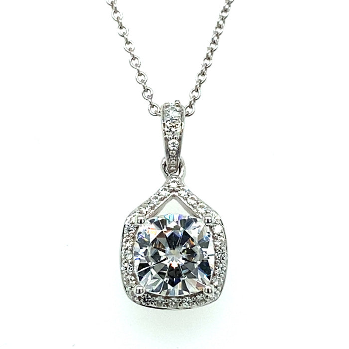 1.86 CTW DEW Cushion Near-Colorless Moissanite Halo Drop Pendant in 14K White Gold