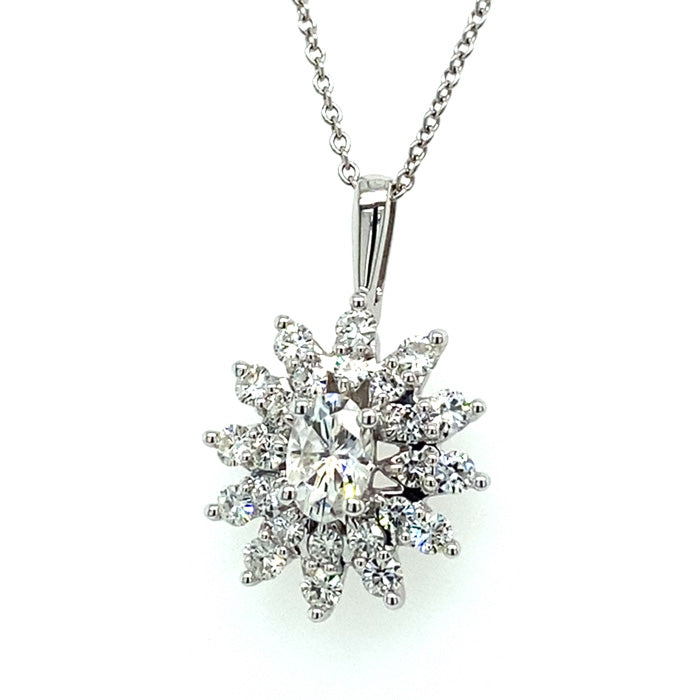 0.98 CTW DEW Oval Near-Colorless Moissanite Cluster Pendant in 14K White Gold
