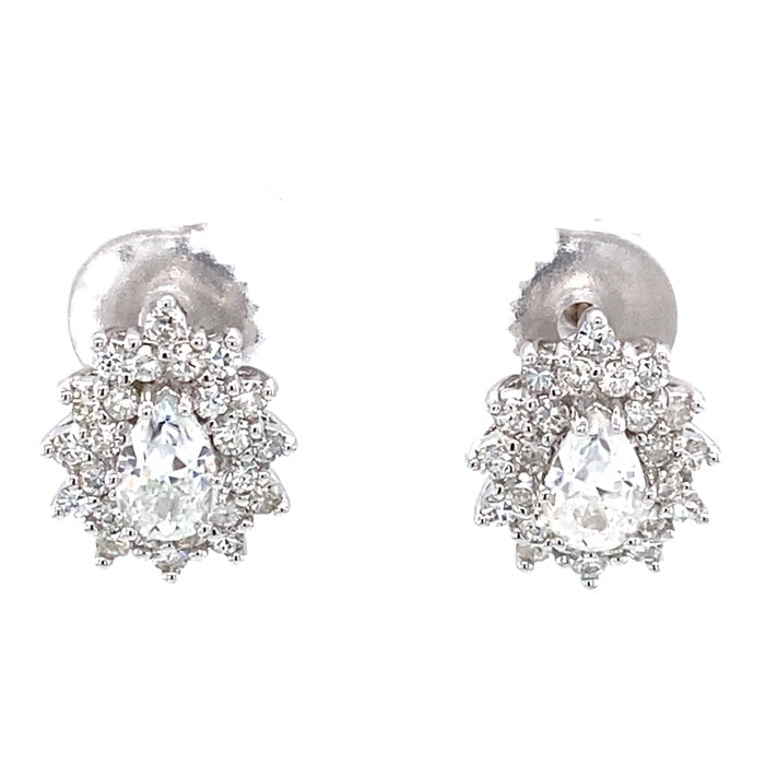1.58 CTW DEW Pear Near-Colorless Moissanite Halo Stud Earrings in 14K White Gold