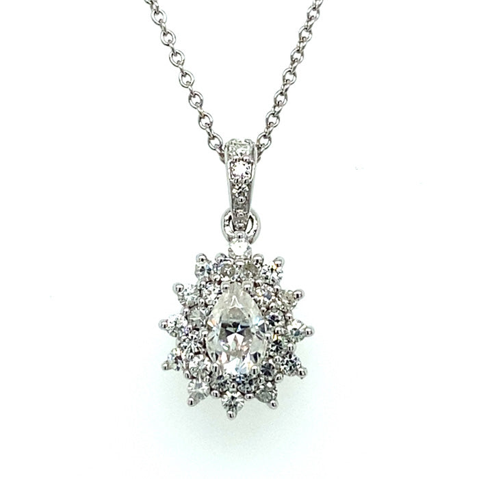 0.81 CTW DEW Pear Near-Colorless Moissanite Halo Burst Pendant in 14K White Gold