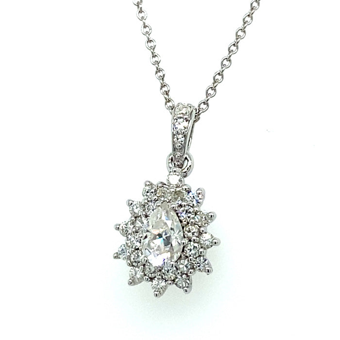 0.81 CTW DEW Pear Near-Colorless Moissanite Halo Burst Pendant in 14K White Gold