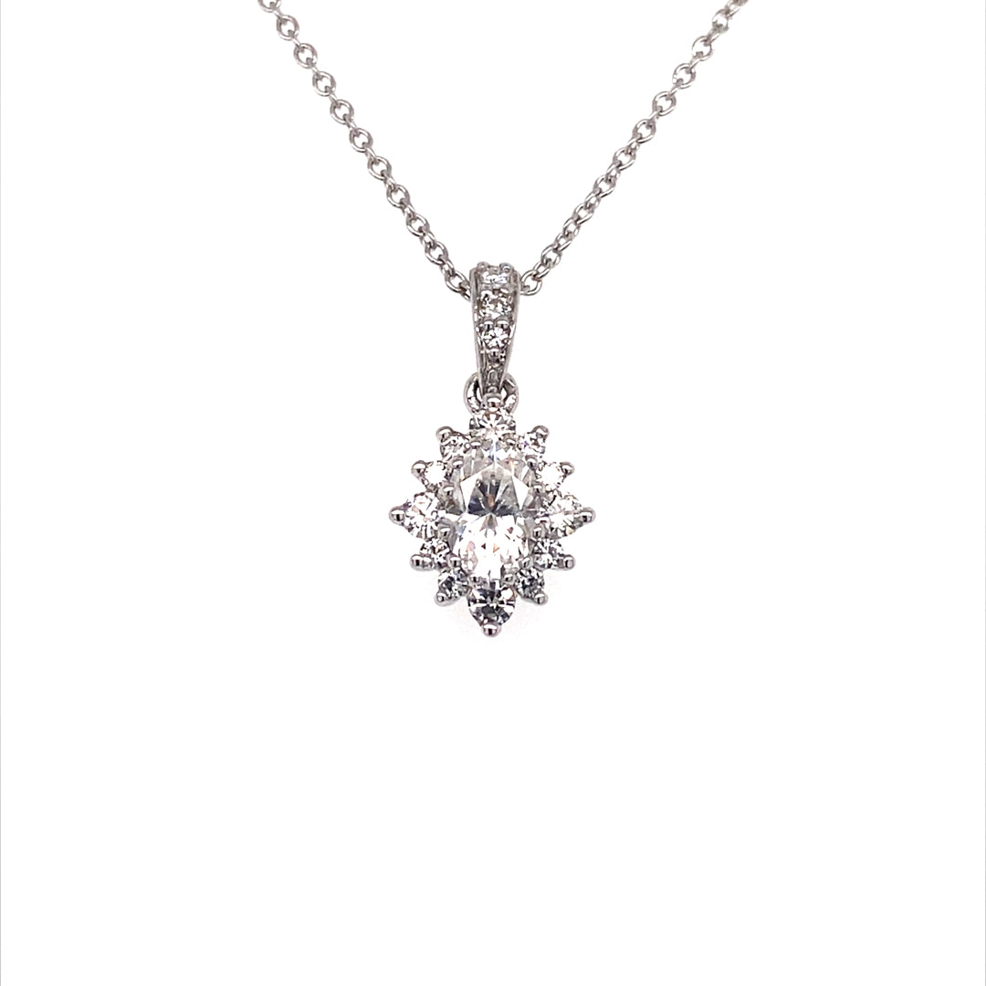0.72 CTW DEW Oval Near-Colorless Moissanite Halo Necklace in 14K White Gold