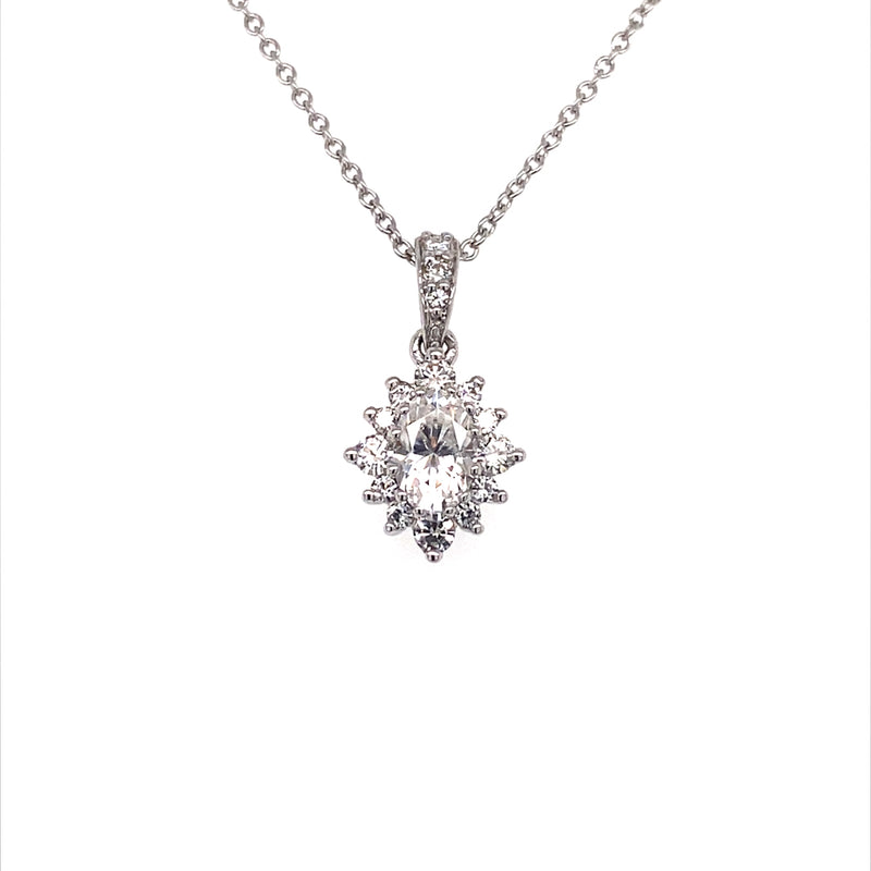 0.72 CTW DEW Oval Near-Colorless Moissanite Halo Necklace in 14K White Gold