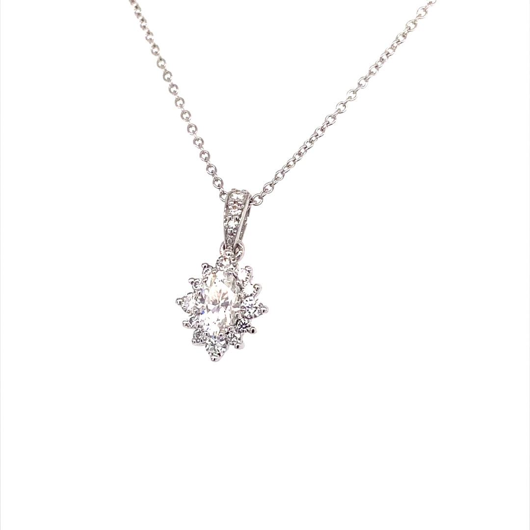 0.72 CTW DEW Oval Near-Colorless Moissanite Halo Necklace in 14K White Gold