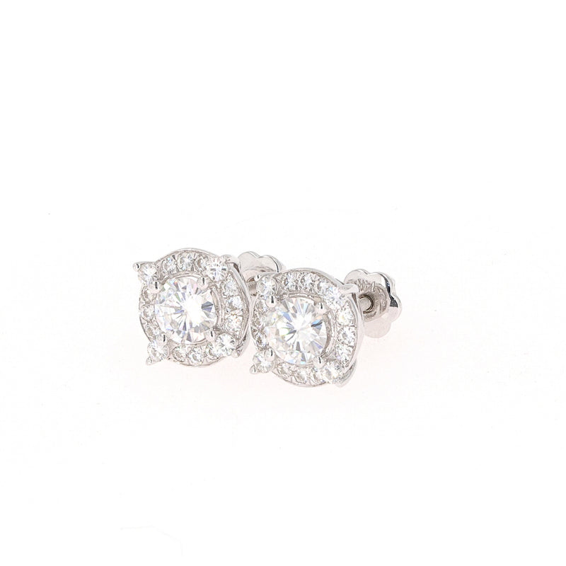 1.32 CTW DEW Round Near-Colorless Moissanite Halo Stud Earrings in 14K White Gold